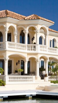 A luxurious waterfront property showcases a sleek yacht docked nearby under a clear blue sky , creating a peaceful coastal ambiance