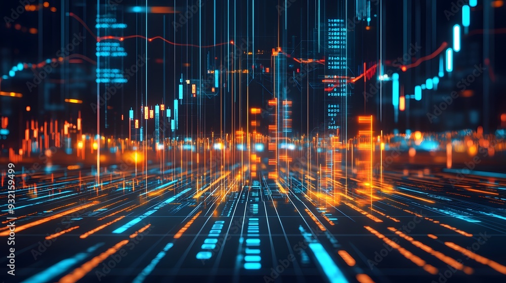 Poster a dynamic visualization of financial data in digital space, featuring vibrant lines, charts, and gra