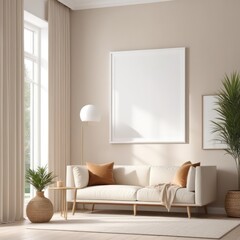 white poster frame close up in modern home interior with light beige colored texture walls, wall mockup, 3d rendering