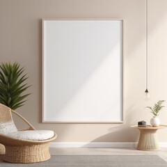 white poster frame close up in modern home interior with light beige colored texture walls, wall mockup, 3d rendering