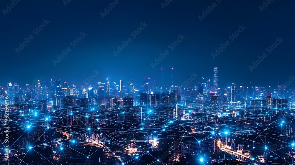 Poster a cityscape at night with a network of connected dots representing the internet and communication.