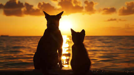 Silhouettes of a dog and a cat sit side by side on a seaside, watching the sunset reflected in the calm waters. Bright orange hues of the sky add warmth and tranquility to the scene