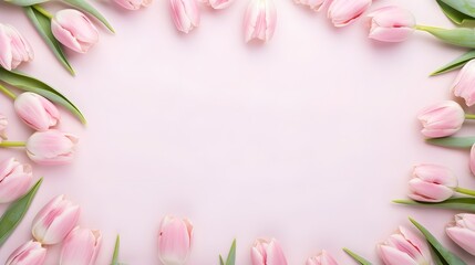 Fototapeta premium Frame surrounded by pink and white tulips on a pastel background.