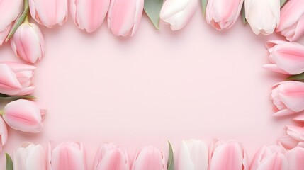 Frame surrounded by pink and white tulips on a pastel background.