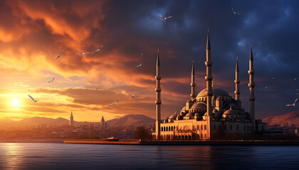 Naklejka premium you are standing on a hilltop overlooking a mosque