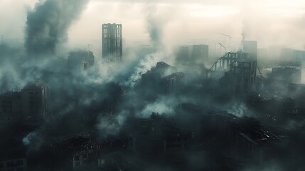 Fototapeta premium A cityscape shrouded in smoke and ash, depicting the aftermath of a devastating disaster.