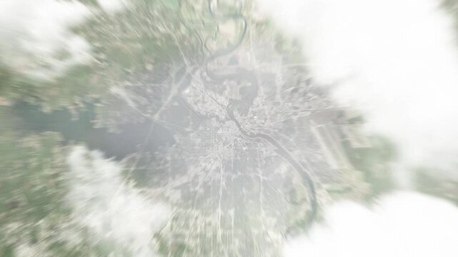 Earth zoom in from space to Shreveport, Louisiana, USA. Followed by zoom out through clouds and atmosphere into space. Satellite view. Travel intro. Images from NASA