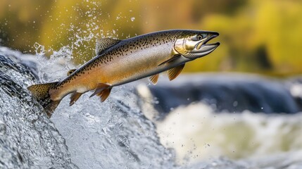 Scottish Salmon Migration. Large Male Atlantic Salmon Leaping at Waterfall in Scotland