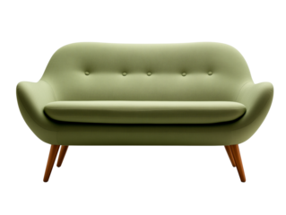 stylish green mid-century modern sofa with clean lines and wooden legs isolated on transparent background 