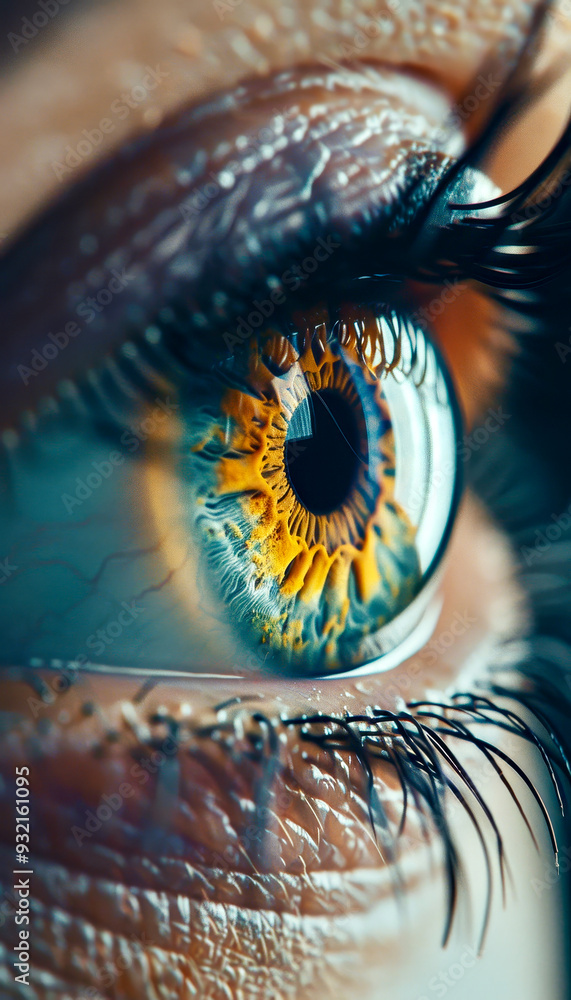 Poster A close-up view highlights the complexity of the eye, showcasing vivid colors and unique patterns in the iris.