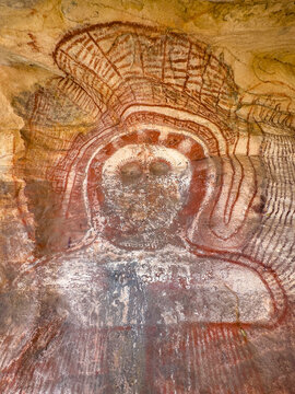 Wandjina art form of Kaiara, a mouthless spirit in the cloud, quartzite sandstone, Bigge Island, Kimberley, Western Australia, Australia, Pacific