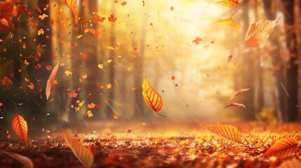 autumn atmospheric background with falling leaves and warm light