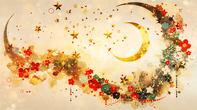 abstract ethereal moon grainy background with warm golden glittering stars, decorated with flowers, a dreamy appearance of a crescent moon in the sky, a magical and festive mood for a holiday theme