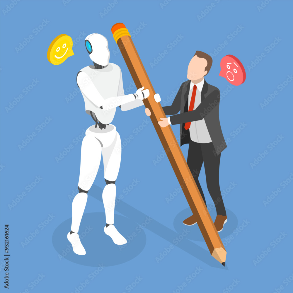 Poster 3d isometric flat vector illustration of ai work with human, business integration with automated tec