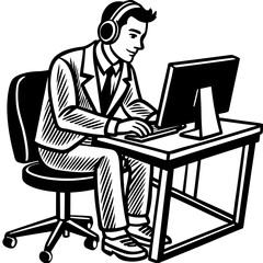 A man is sitting at a desk and working on a computer