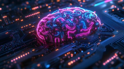 A digital brain glowing with neon lights, integrated into a circuit board, representing the fusion of human intelligence and technology.