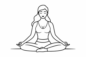Fit woman meditating on floor line art vector illustration