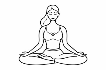 Fit woman meditating on floor line art vector illustration