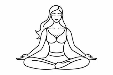 Fit woman meditating on floor line art vector illustration