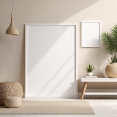 white poster frame close up in modern home interior with light beige colored texture walls, wall mockup, 3d rendering