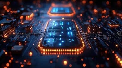 Obraz premium extreme closeup of a futuristic microchips intricate circuitry bathed in cool blue light with glowing energy paths creating a mesmerizing tech landscape