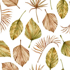 Autumn or summer boho tropical dried leaves seamless pattern, watercolor floral endless print template isolated on transparent background for wrapping, scrapbook, packaging paper. Floral illustration