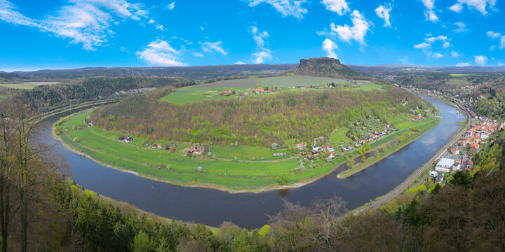 Panoramic view over the Elbe River meander from the Konigstein fortress on top of the Elbe sandstone mountains, Konigstein, Saxony, Germany