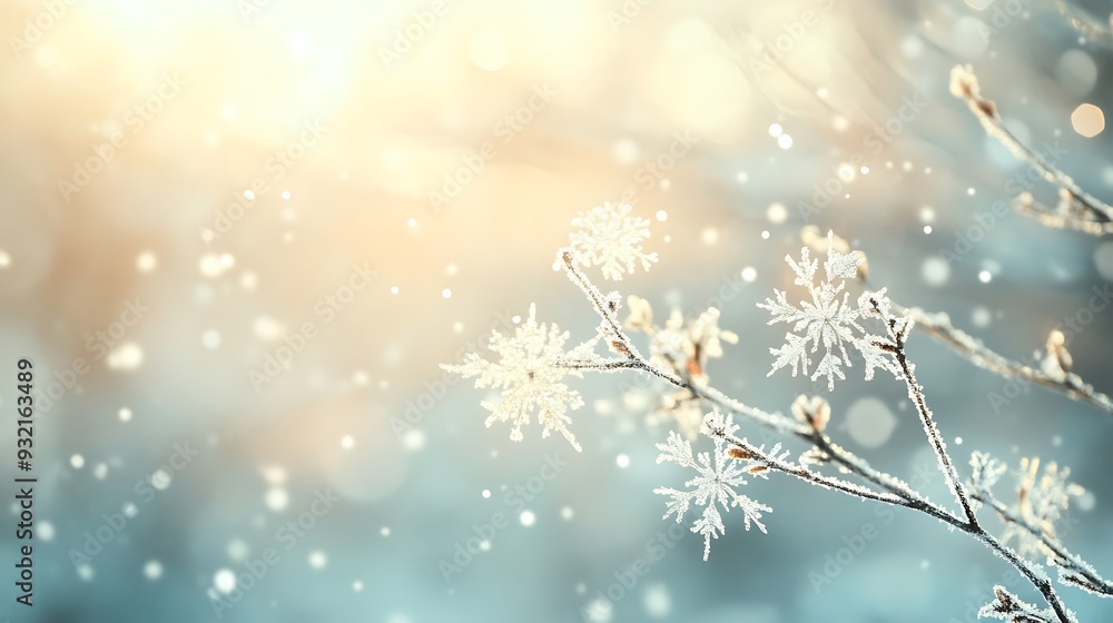 Poster a close-up of a frost-covered branch with snowflakes falling in the background.