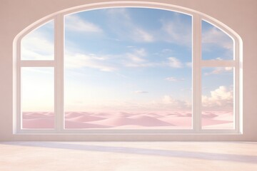 Fototapeta premium Pink Desert View Through Arched Window - Minimalist Interior Design