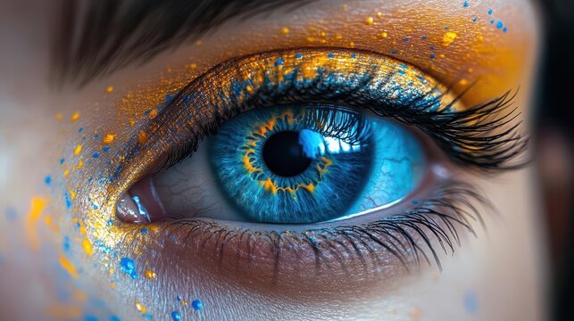 extreme closeup of a human eye with vibrant paint splatters and drips iris detail blends with abstract color explosions surreal and artistic representation of vision and creativity