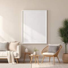 white poster frame close up in modern home interior with light beige colored texture walls, wall mockup, 3d rendering