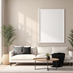 white poster frame close up in modern home interior with light beige colored texture walls, wall mockup, 3d rendering