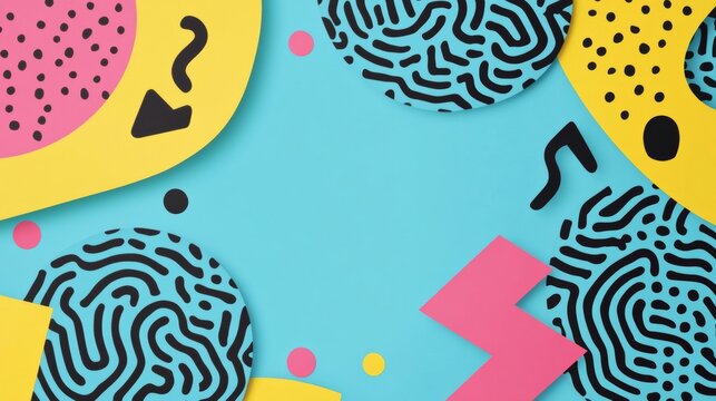 80s and 90s style abstract art with bright geometric patterns and central empty space