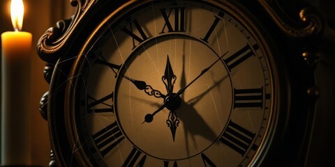 Obraz premium Midnight Clock with Spiderweb and Candlelight