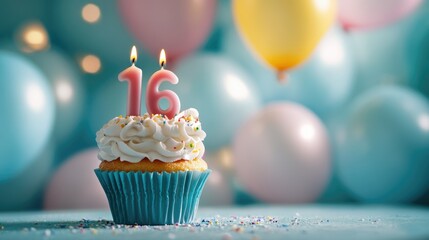 Happy Sweet 16. Birthday Card with Number 16 Candle Cupcake, Balloons Background. Sweet Sixteen Celebration