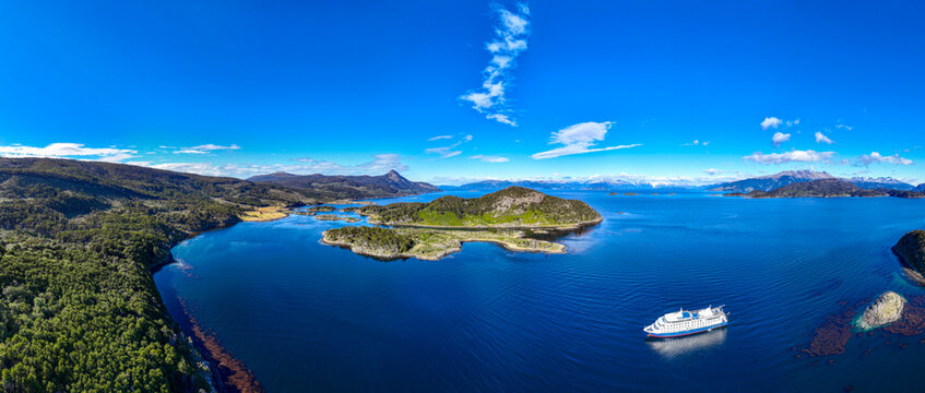 Aerial of a cruise ship in Wulaia Bay, Tierra del Fuego, Chile