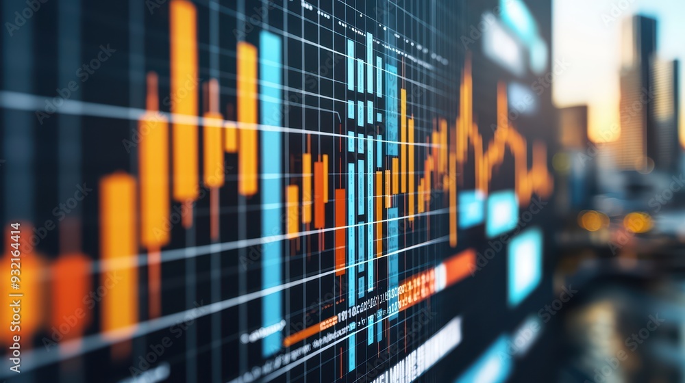 Aufkleber a close-up view of a dynamic financial graph displaying market trends in an urban environment, symbo