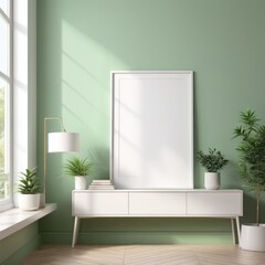 white poster frame close up in modern home interior with light green colored walls, wall mockup, 3d rendering