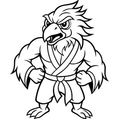 Angry karate Eagle white background line art vector illustration