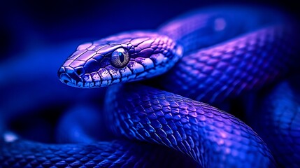 A close-up of a purple and blue snake with its head turned to the side, looking at the camera.