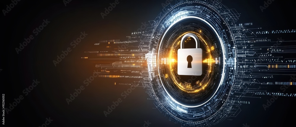 Poster a digital padlock symbol on a dark background represents cybersecurity and data protection in the mo