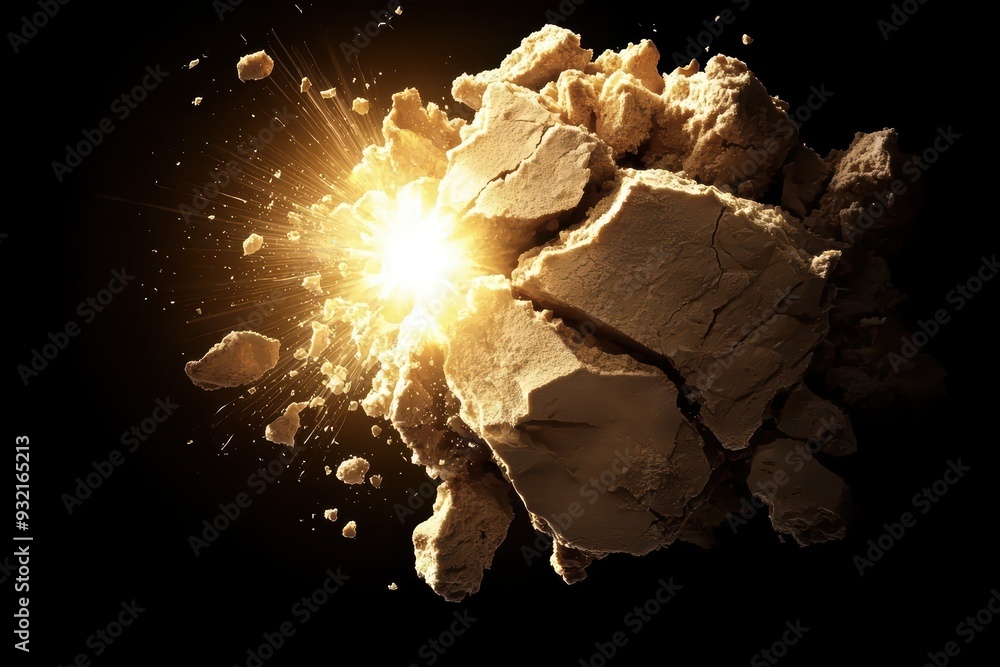 Poster a dynamic explosion of rock fragments emitting a bright light, creating a stunning visual effect aga