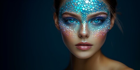 This portrait features a beautiful woman showcasing intricate Halloween makeup with shimmering blue scales and vibrant colors, emphasizing her striking blue eyes.