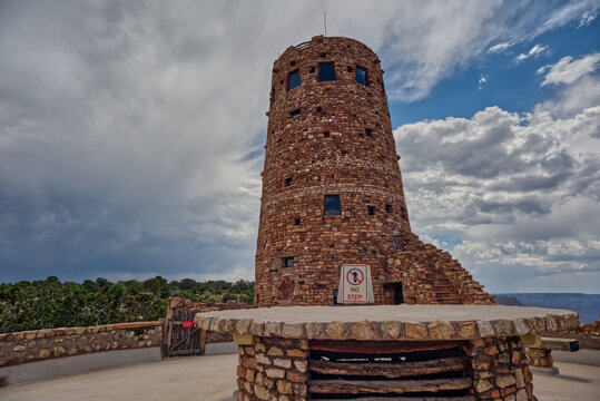 The upper half of the Desert View Watchtower viewed from the observation deck at Grand Canyon South Rim, UNESCO World Heritage Site, Arizona, United States of America