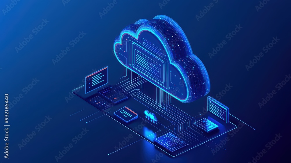Poster a futuristic cloud computing concept featuring digital interfaces and data streams in a vibrant blue