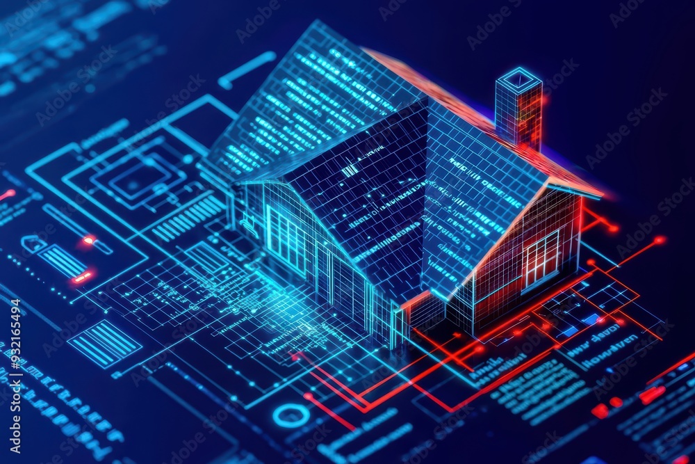 Aufkleber a futuristic digital house model with glowing circuits and data streams, representing smart home tec