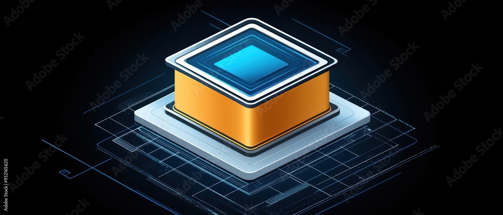 Poster a futuristic microchip design featuring an illuminated processor on a dark background, ideal for tec