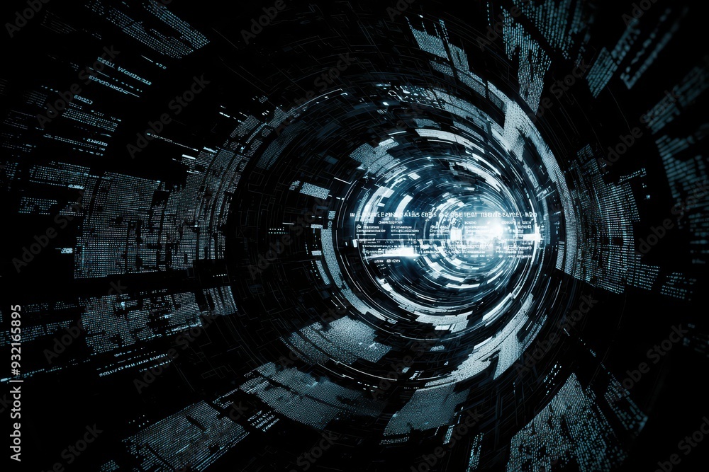 Poster a futuristic tunnel with dynamic textures, illuminated by an ethereal light, evoking a sense of dept