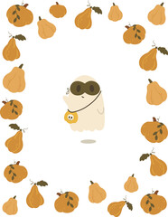 cute ghost wearing mask vector illustration, pumpkin frame