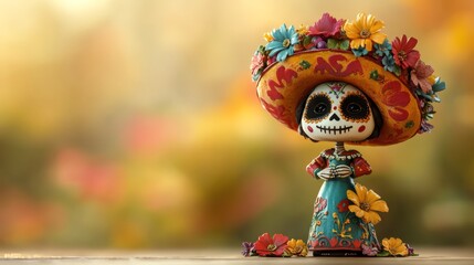 Vibrant figurine with a richly decorated floral hat, representing Day of the Dead, set against a warm blurred background...